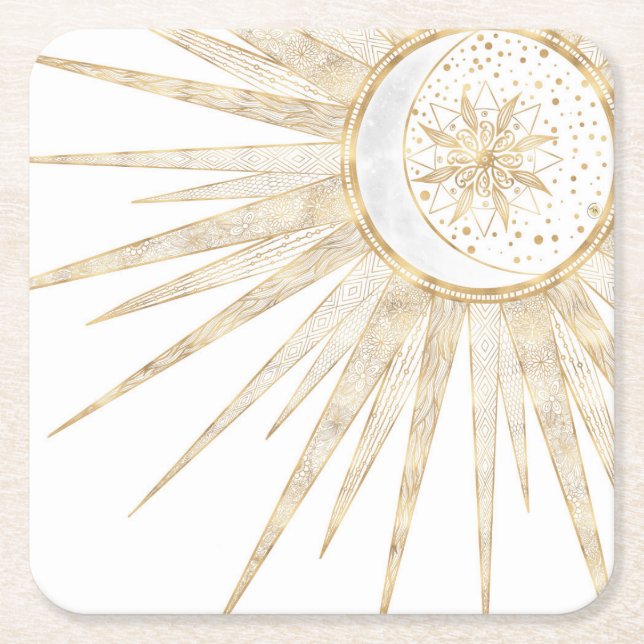 Dessous-de-verre Carré En Papier Elegant Gold Doodles Sun Moon Mandala Design (Devant)