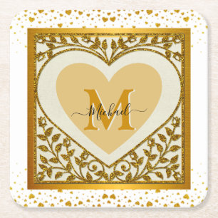 Dessous-de-verre Carré En Papier Elegant Gold Parties scintillant Heart Initial & N