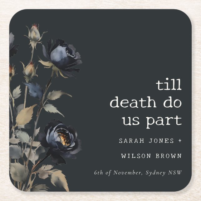 Dessous-de-verre Carré En Papier Elégant gothique noir Rose noir Mariage (Devant)