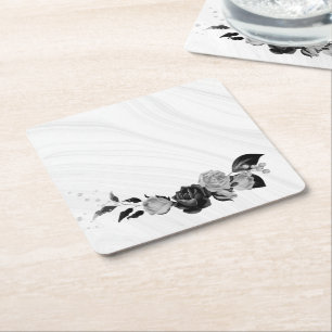 Dessous-de-verre Carré En Papier élégant gris argenté et noir floral