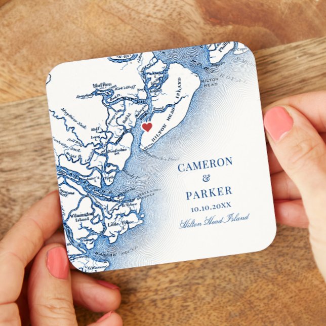 Dessous-de-verre Carré En Papier Elégant Hilton Head Island Map Marine Blue Mariage (Hilton Head SC Map Drink Coaster for an elegant navy blue wedding from Coastal Map Designs)