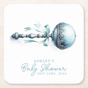Dessous-de-verre Carré En Papier Élégant hochet bébé bleu Baby Shower Garçon