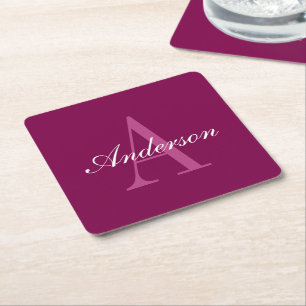 Dessous-de-verre Carré En Papier Élégant Magenta Rouge, rose & blanc Nom & Monogram