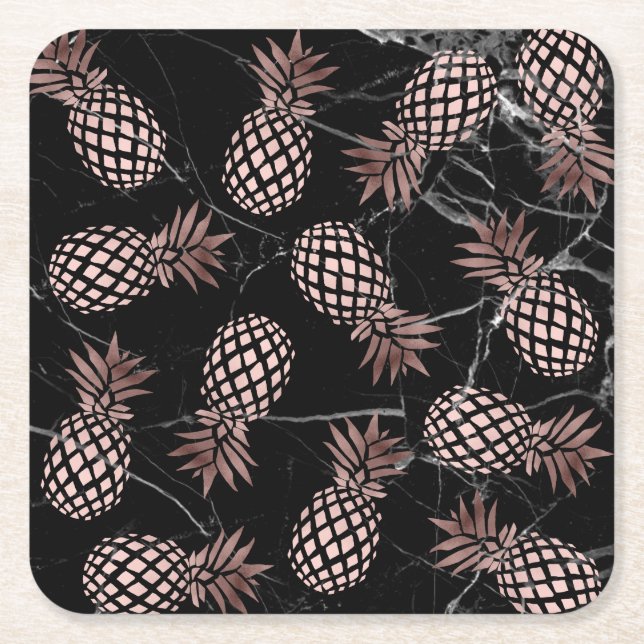 Dessous-de-verre Carré En Papier élégant marbre noir rose or ananas (Devant)