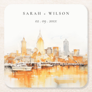 Dessous-de-verre Carré En Papier Élégant Mariage d'aquarelle Skyline de Nashville C