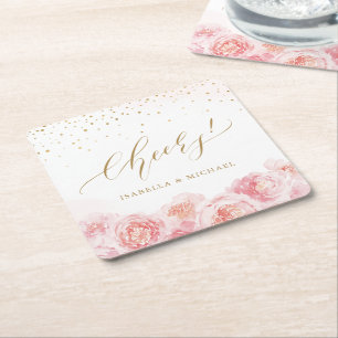 Dessous-de-verre Carré En Papier Élégant mariage floral or & blush