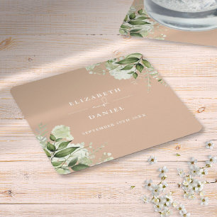 Dessous-de-verre Carré En Papier Élégant mariage floral verdure beige