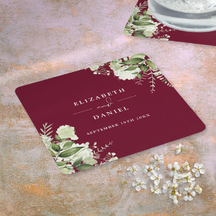 Dessous-de-verre Carré En Papier Élégant mariage floral verdure bordeaux