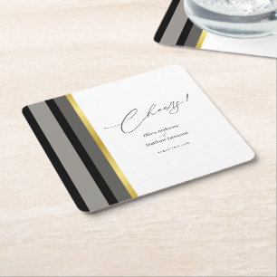 Dessous-de-verre Carré En Papier Élégant Mariage Rayure Noir Gris Or