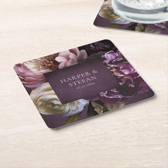 Dessous-de-verre Carré En Papier Elegant Maximalist Purple Floral Wedding (Incliné)
