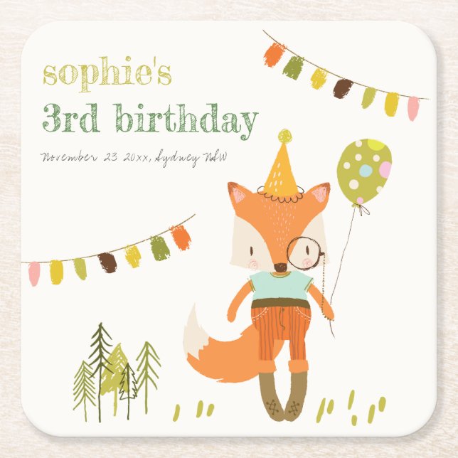Dessous-de-verre Carré En Papier Élégant mignon Woodland Fun Party Fox Anniversaire (Devant)