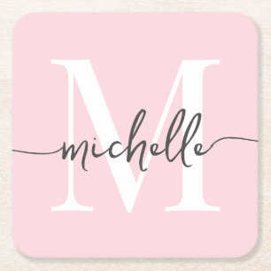 Dessous-de-verre Carré En Papier Élégant Moderne Écriture de Nom Monogramme Rose Pâ
