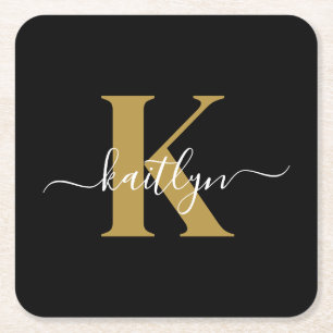 Dessous-de-verre Carré En Papier Élégant Monogramme Black Gold Script