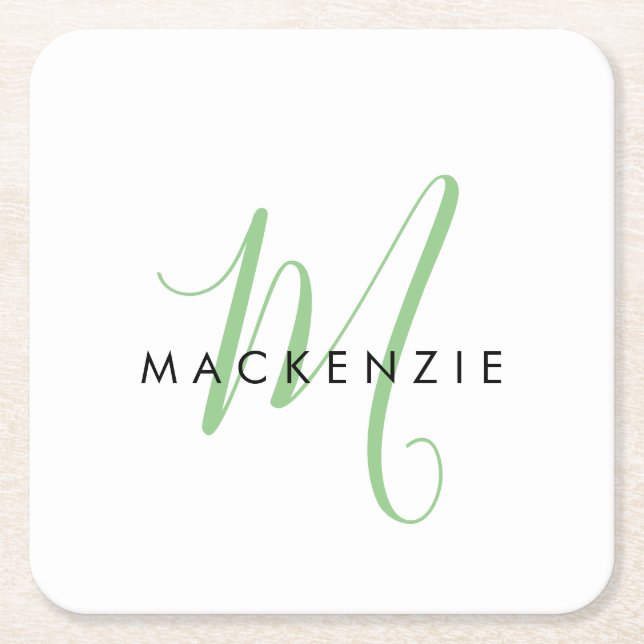 Dessous-de-verre Carré En Papier Élégant Monogramme moderne blanc vert Script (Devant)