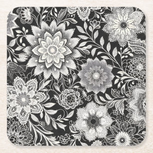 Dessous-de-verre Carré En Papier Élégant Motif de dentelle florale noir et blanc