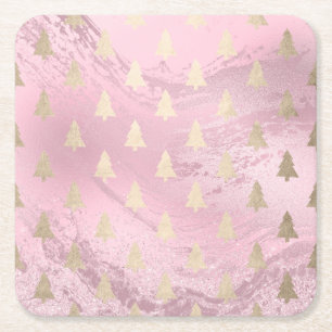 Dessous-de-verre Carré En Papier Élégant motif moderne de Noël doré et rose