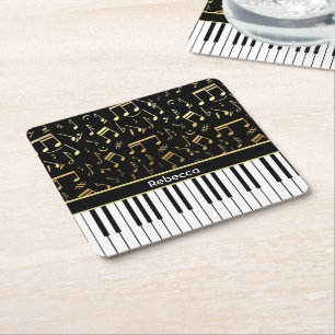 Dessous-de-verre Carré En Papier Élégant notes de musique dorée touches piano