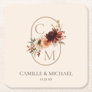 Dessous-de-verre Carré En Papier Élégant Papier Carré Fleurs Bordeaux pour Mariage 