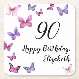 Dessous-de-verre Carré En Papier Élégant Papillons 90e Anniversaire Nom Personnalis