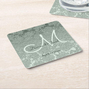 Dessous-de-verre Carré En Papier Élégant Pastel Sage Green Mariage Monogramme