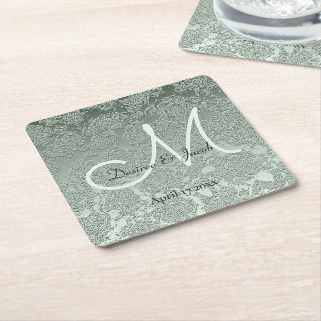 Dessous-de-verre Carré En Papier Élégant Pastel Sage Green Mariage Monogramme (Incliné)