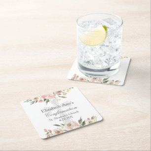 Dessous-de-verre Carré En Papier Élégant Pink Floral Confirmation Party Personnalis