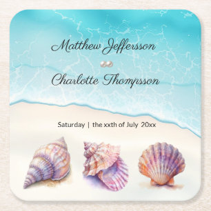 Dessous-de-verre Carré En Papier Elégant Plage Mariage Coquillages Perles Nautiques