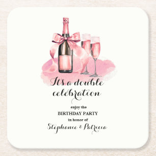 Dessous-de-verre Carré En Papier Élégant rose Double Célébration Anniversaire