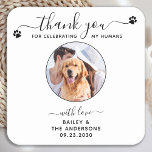 Dessous-de-verre Carré En Papier Élegant Script Thank You Photo Pet Wedding<br><div class="desc">Merci de célébrer mes humains ! Ajoutez la touche finale à votre mariage avec ces dessous de verre de mariage photo personnalisés. Parfait pour votre mariage après la fête et la réception, et comme faveurs de mariage pour vos invités. Customisez ces dessous de verre de mariage de chien photo avec...</div>