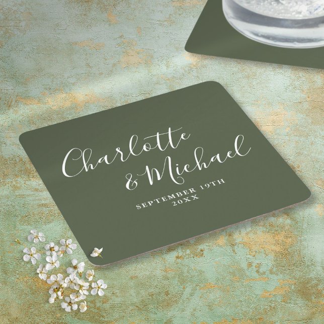 Dessous-de-verre Carré En Papier Élégant signature Script Mariage vert olive (Elegant Signature Script Olive Green Wedding Square Paper Coaster)