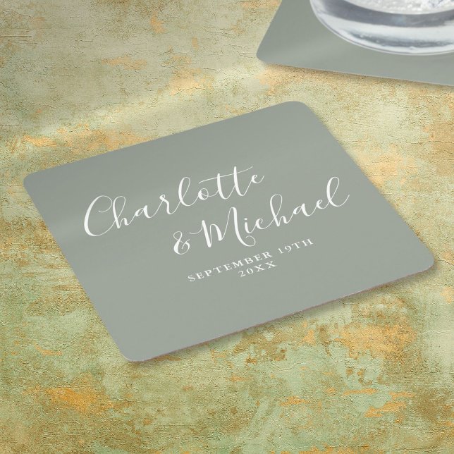 Dessous-de-verre Carré En Papier Élégant signature Script Sage Mariage vert (Elegant Signature Script Sage Green Wedding Square Paper Coaster)