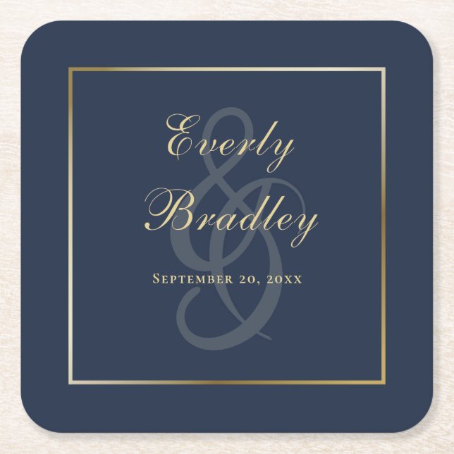 Dessous-de-verre Carré En Papier Élégant Simple Navy Blue Gold Bordure Script (Devant)
