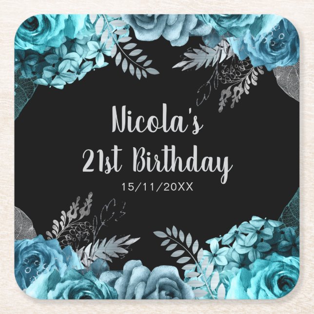Dessous-de-verre Carré En Papier Elegant Teal Blue and Silver Flower Birthday Party (Devant)