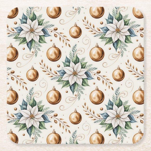 Dessous-de-verre Carré En Papier Elégant Vert Or Blanc Noel Poinsettia (Devant)