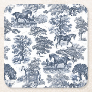 Dessous-de-verre Carré En Papier Elégant Vintage Chic Blue Horses Country Toile