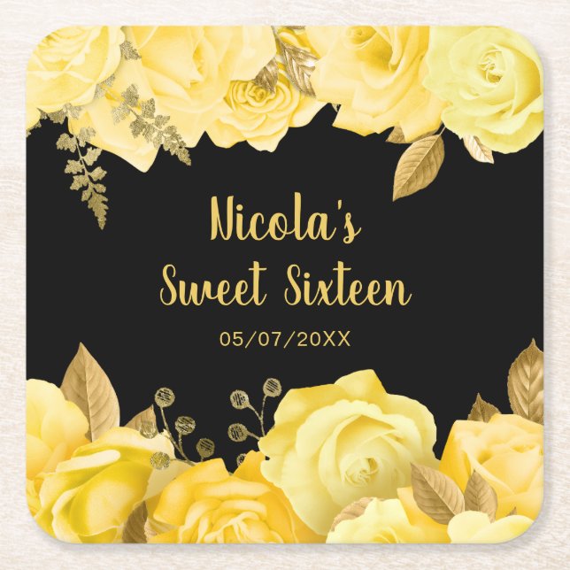 Dessous-de-verre Carré En Papier Elegant Yellow and Gold Flowers Sweet Sixteen (Devant)