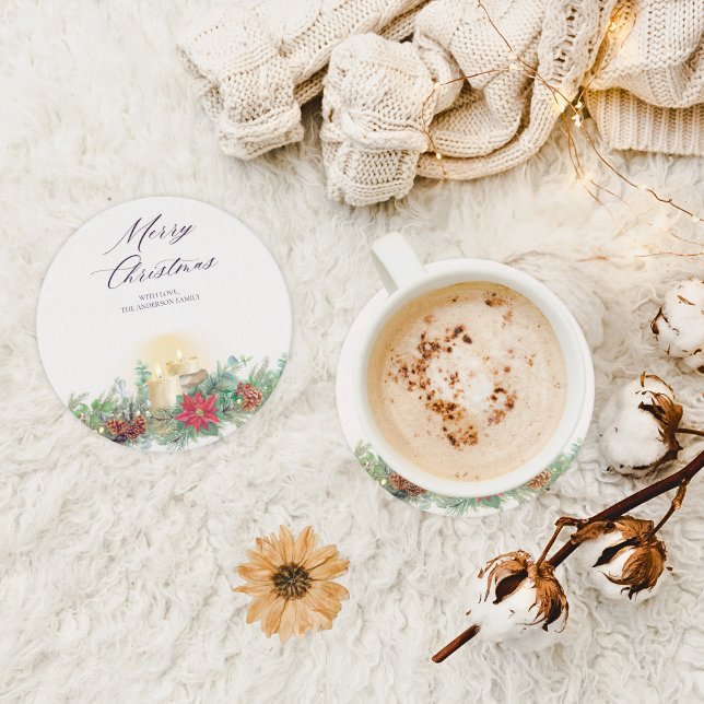 Dessous-de-verre Carré En Papier Elégante aquarelle Chandelle de Noël & Poinsettia (Créateur téléchargé)