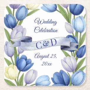 Dessous-de-verre Carré En Papier Elégante aquarelle Tulipe Mariage de couronne bleu