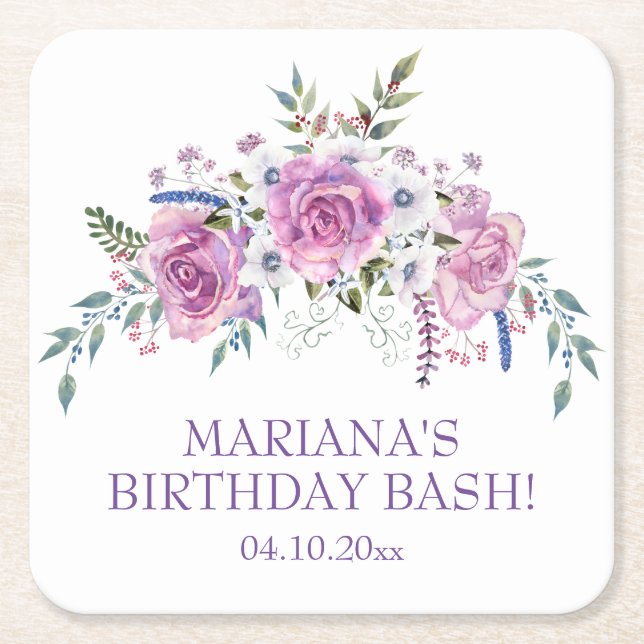 Dessous-de-verre Carré En Papier Elégante aquarelle violet florale fête d'anniversa (Devant)