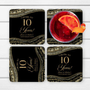Dessous-de-verre Carré En Papier Élégante Black Gold Agate 10e Anniversaire fête