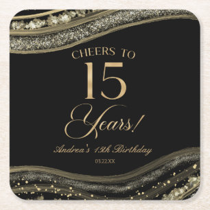 Dessous-de-verre Carré En Papier Elégante Black Gold Agate 15e fête d'anniversaire
