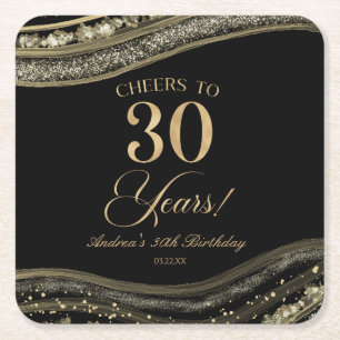 Dessous-de-verre Carré En Papier Elégante Black Gold Agate 30e fête d'anniversaire
