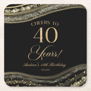 Dessous-de-verre Carré En Papier Elégante Black Gold Agate 40e fête d'anniversaire