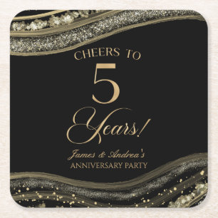 Dessous-de-verre Carré En Papier Elégante Black Gold Agate 5e anniversaire fête