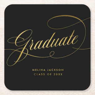Dessous-de-verre Carré En Papier Elégante calligraphie Black and Gold Graduation Sq