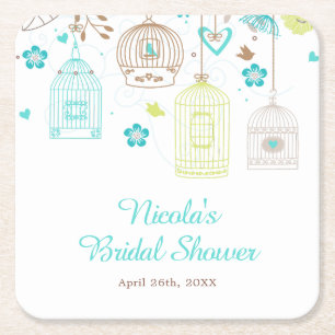 Dessous-de-verre Carré En Papier Élégante douche de mariée florale verte et bleue