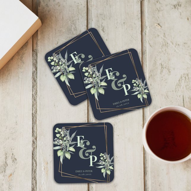 Dessous-de-verre Carré En Papier Elégante Eucalyptus Monogramme Soirée de Mariage V (Créateur téléchargé)