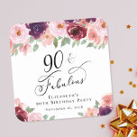 Dessous-de-verre Carré En Papier Elégante fête florale 90e anniversaire<br><div class="desc">Dessous de verre élégant pour sa fête de 90e anniversaire avec "90 & Fabulous" dans un script de calligraphie chic et bouquets d'aquarelle de fleurs rouge bordeaux et rose roux avec de la végétation sauge.</div>