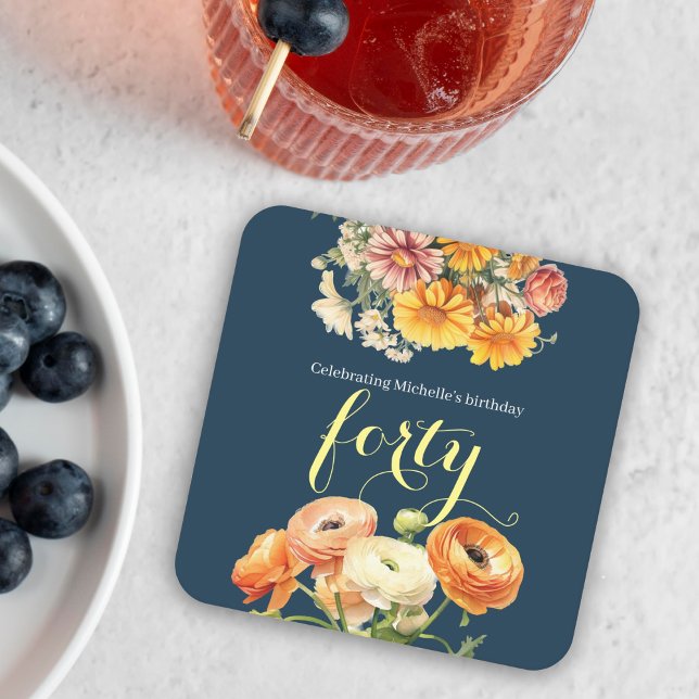 Dessous-de-verre Carré En Papier Elégante fête florale joyeuse 40e anniversaire (Créateur téléchargé)