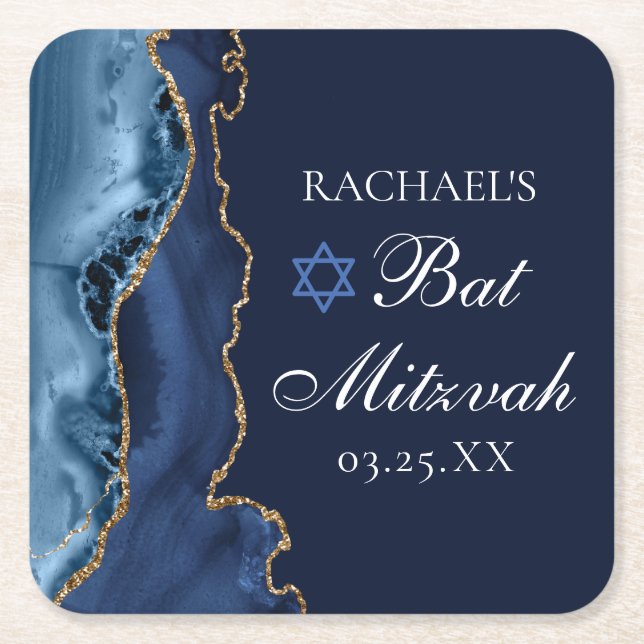 Dessous-de-verre Carré En Papier Elégante Marine Blue Gold Agate Bat mitzvah Party (Devant)